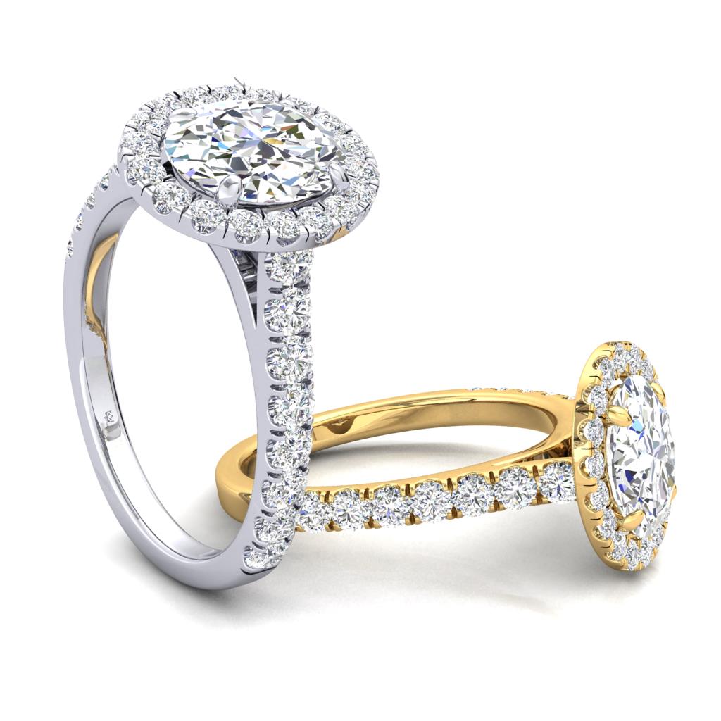 18CT Gold Oval Diamond Halo Ring with Diamond Set Shoulders - Robert Anthony Jewellers, Edinburgh