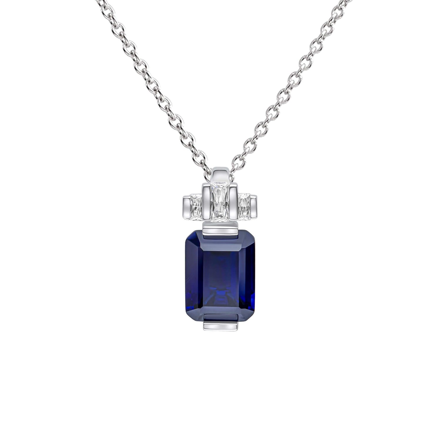 Silver Emerald Cut Zirconia Pendant — Sapphire CZ