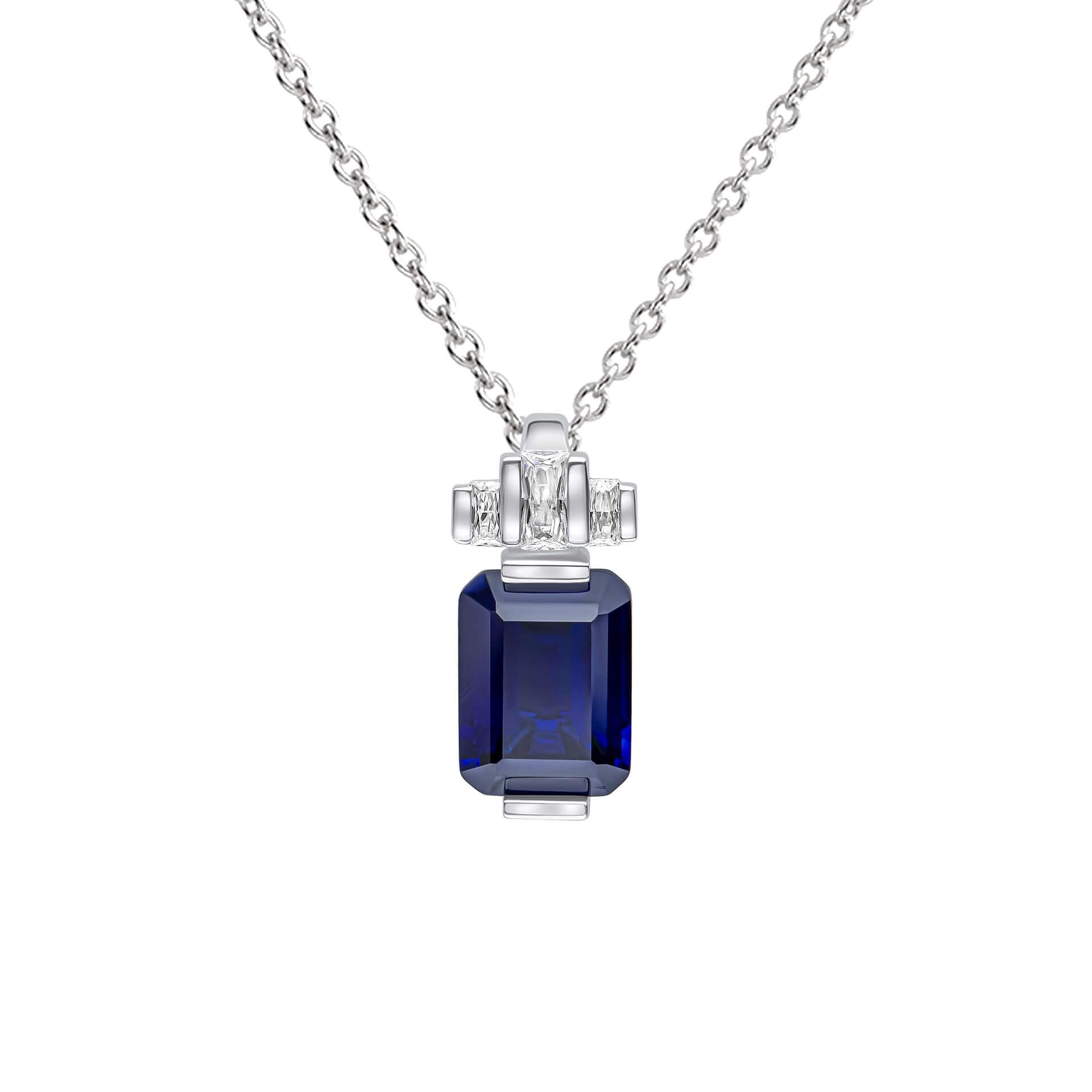 Silver Emerald Cut Zirconia Pendant — Sapphire CZ