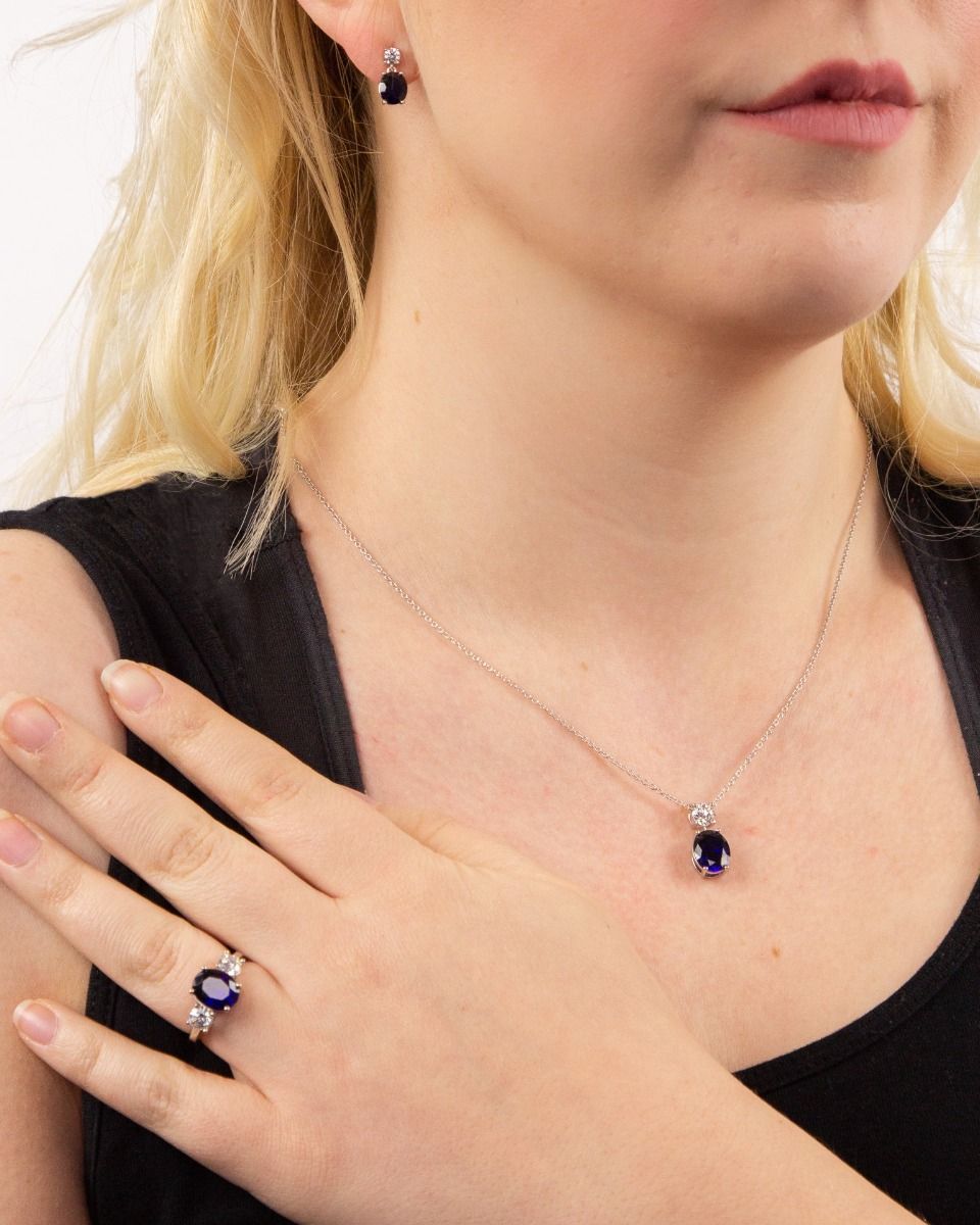 Silver Oval Sapphire Zirconia Trilogy Ring — Sapphire CZ