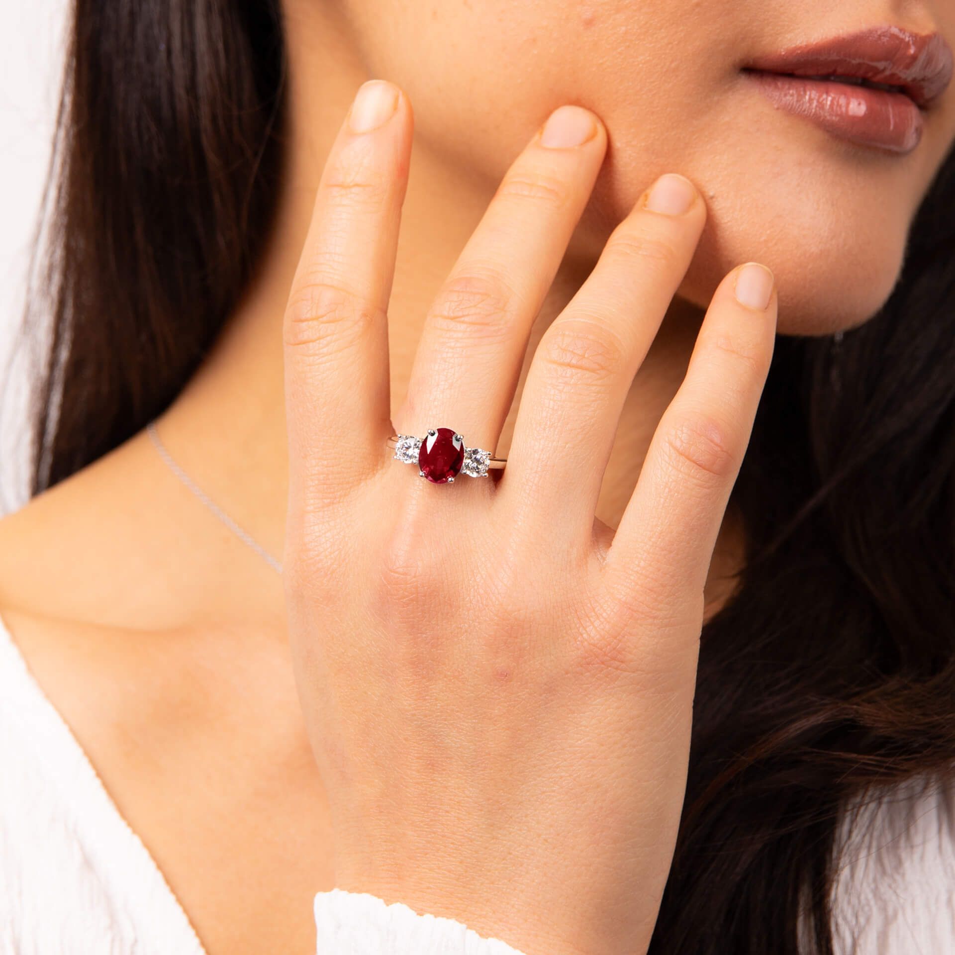 Silver Oval Ruby Zirconia Trilogy Ring — Ruby CZ