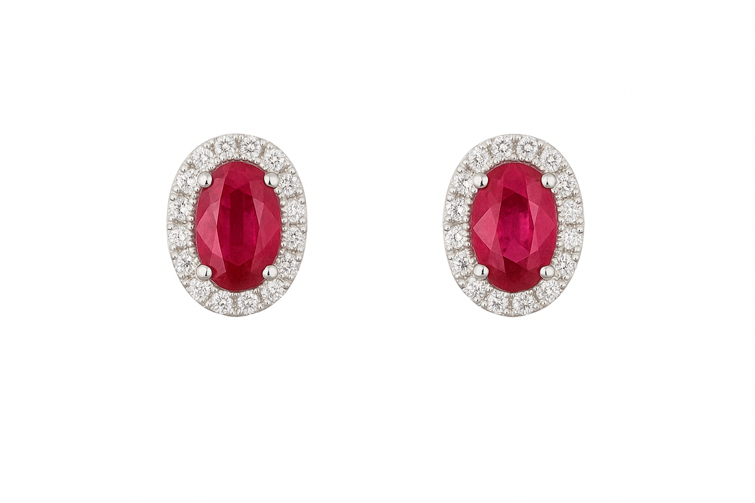 18ct White Gold Ruby & Diamond Halo Stud Earrings