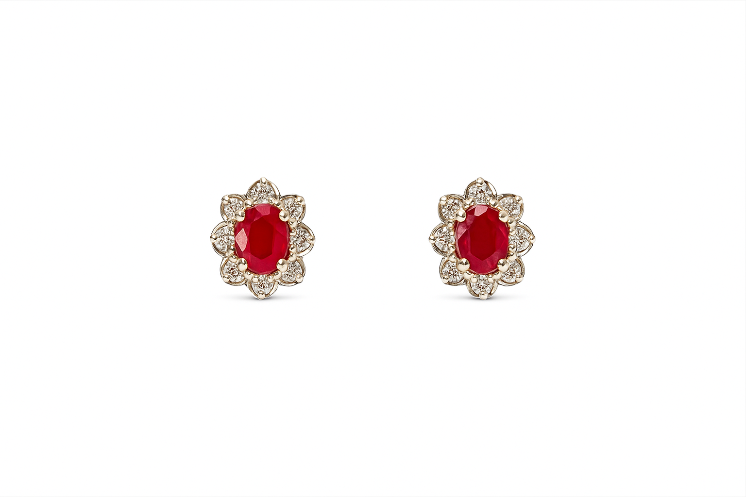 9ct Gold Ruby & Diamond Cluster Stud Earrings