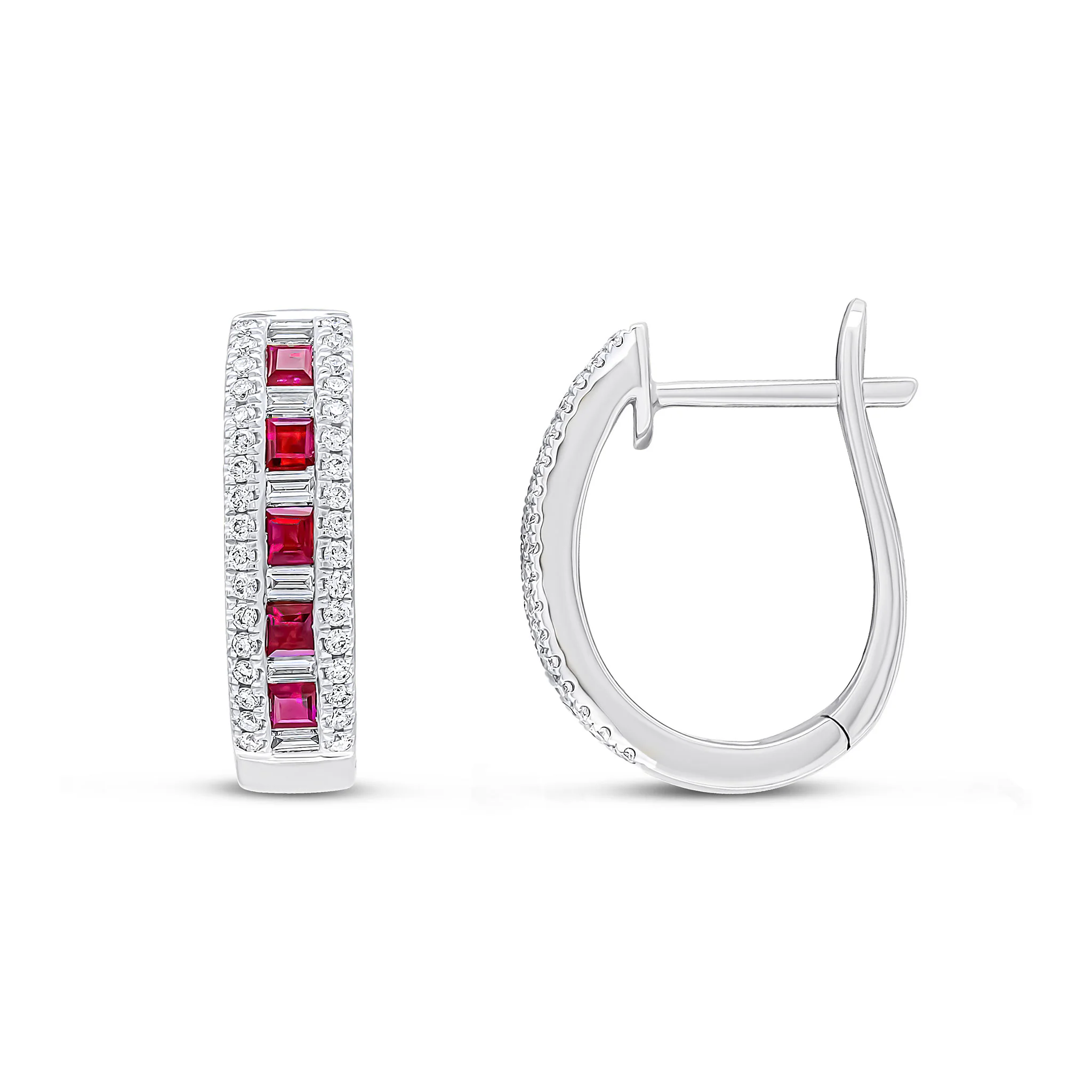 18CT Gold Square Ruby Baguette & Round Diamond Oval Hoop Earrings - Robert Anthony Jewellers, Edinburgh