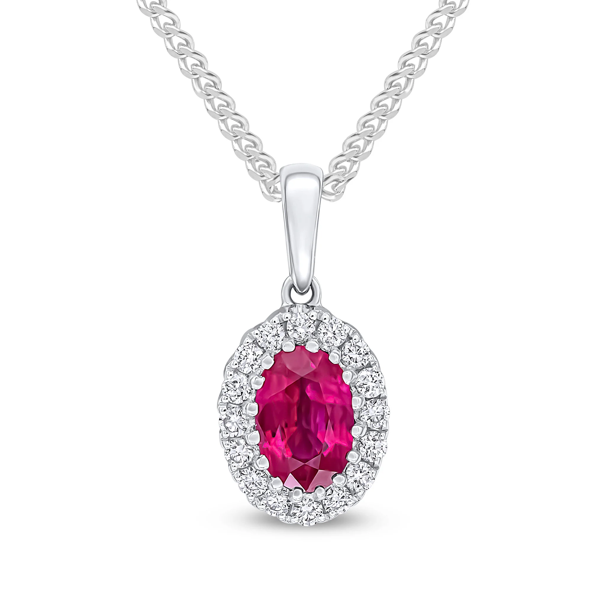 18CT Gold Oval Ruby & Diamond Cluster Pendant (6x4mm) - Robert Anthony Jewellers, Edinburgh