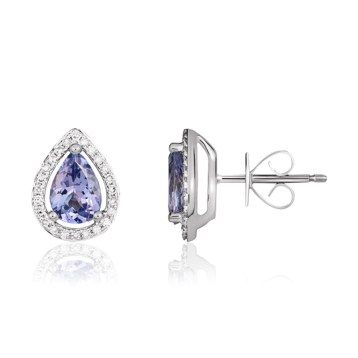 9ct White Gold Pear Shaped Tanzanite & Diamond Halo Cluster Earrings
