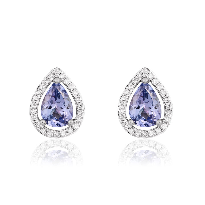 9ct White Gold Pear Shaped Tanzanite & Diamond Halo Cluster Earrings