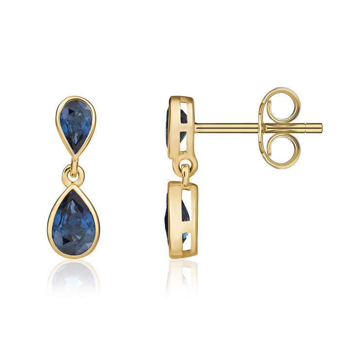 9ct Yellow Gold Pear Shaped Blue Sapphire Double Drop Earrings - Robert Anthony Jewellers, Edinburgh