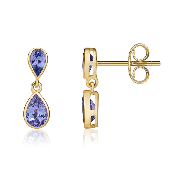 9ct Yellow Gold Pear Shaped Tanzanite Double Drop Earrings - Robert Anthony Jewellers, Edinburgh