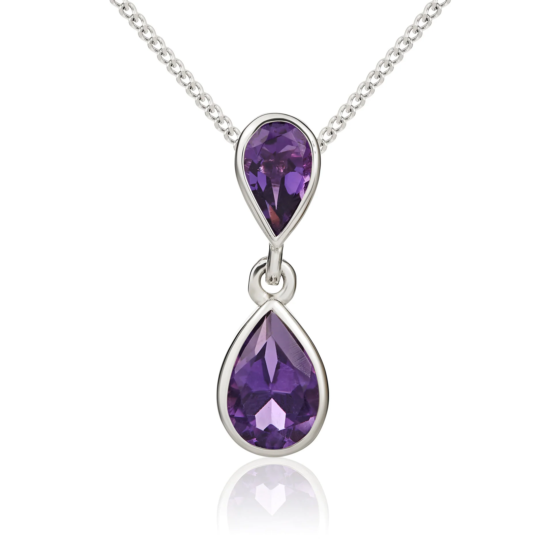 9CT Gold Pear Shaped Amethyst Rubover Double Drop Pendant - Robert Anthony Jewellers, Edinburgh