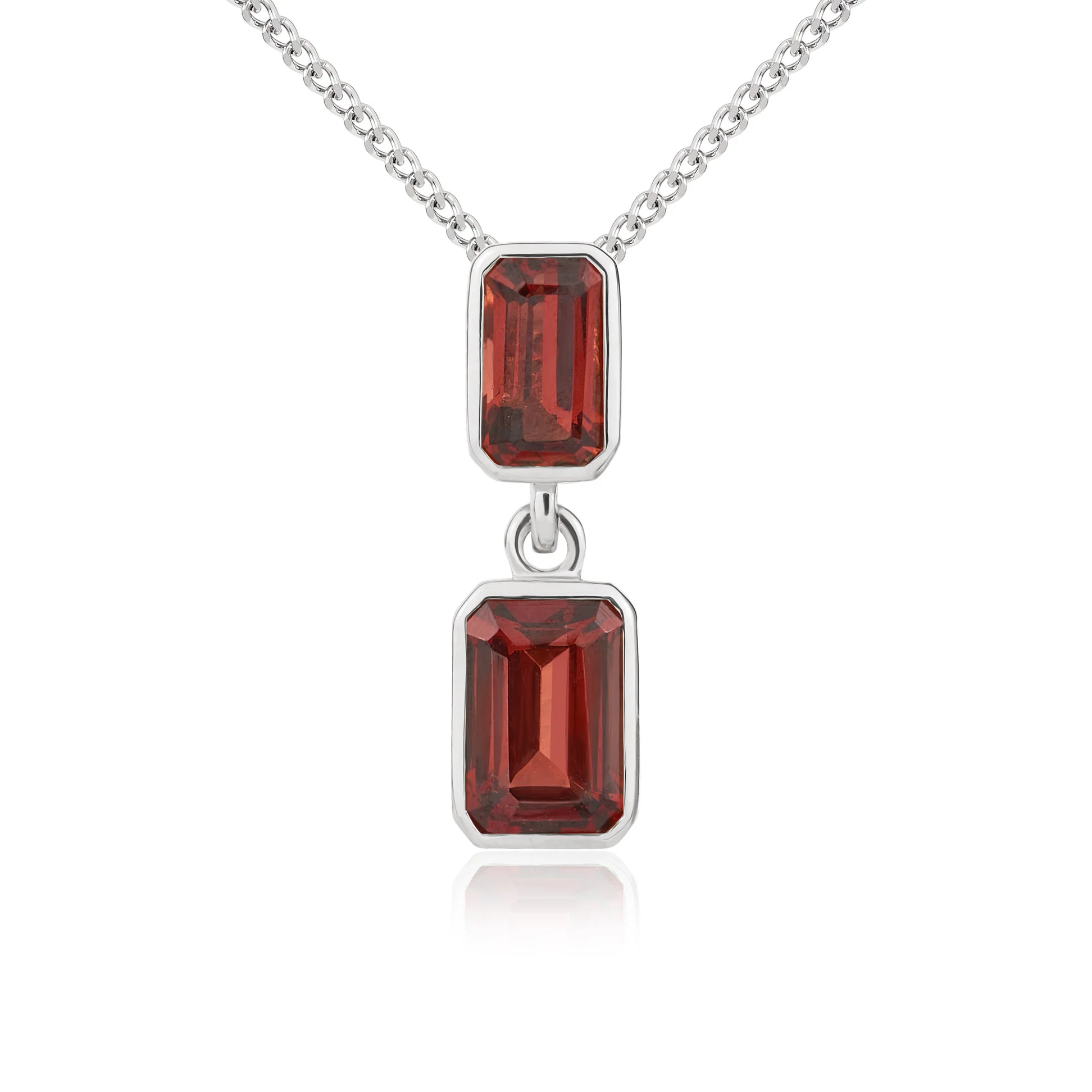 9CT Gold Octagonal Garnet Rubover Double Drop Pendant