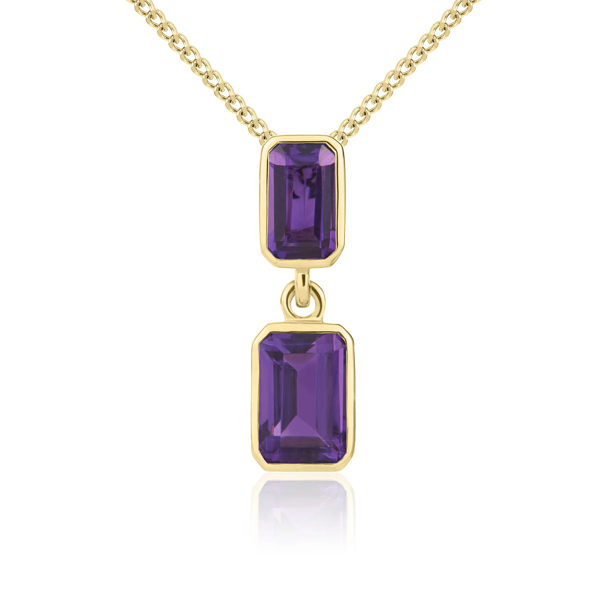 9CT Gold Octagonal Amethyst Rubover Double Drop Pendant - Robert Anthony Jewellers, Edinburgh