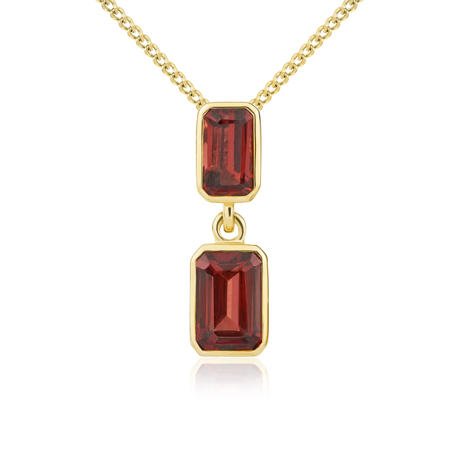 9CT Gold Octagonal Garnet Rubover Double Drop Pendant