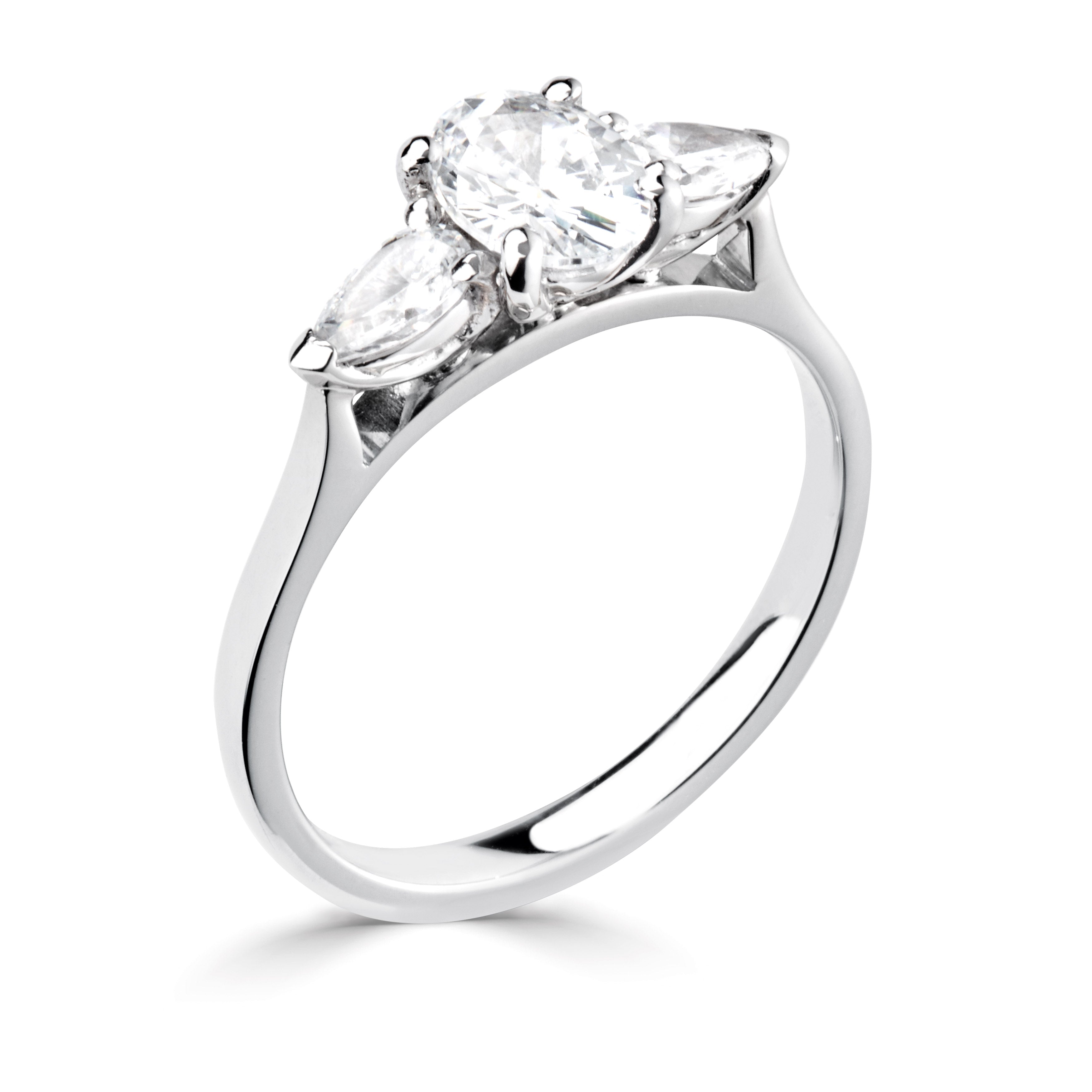 18CT White Gold Oval and Pear Diamond Three Stone Ring