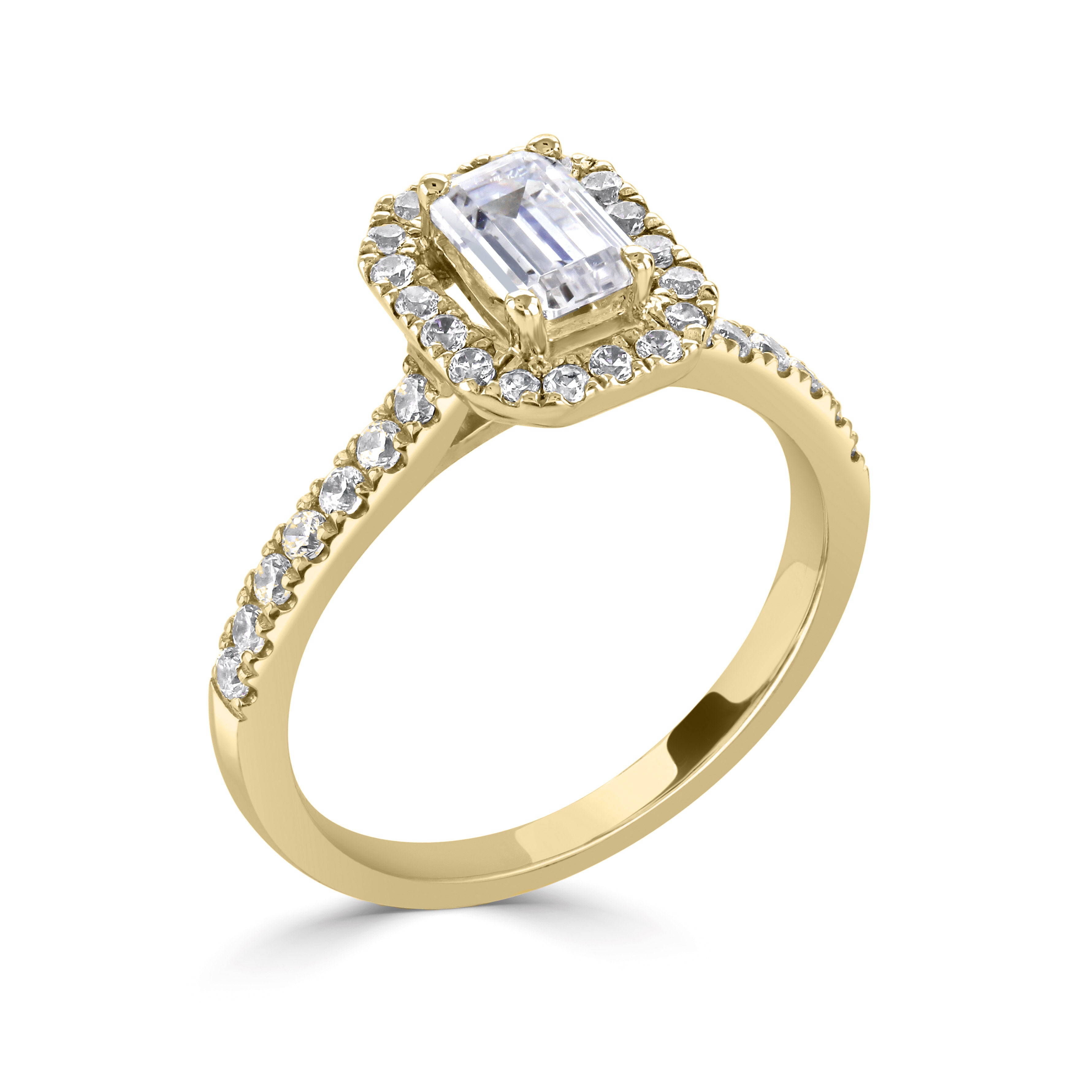 18CT Yellow Gold Emerald Cut Diamond Halo Ring with Diamond Shoulders - Robert Anthony Jewellers, Edinburgh