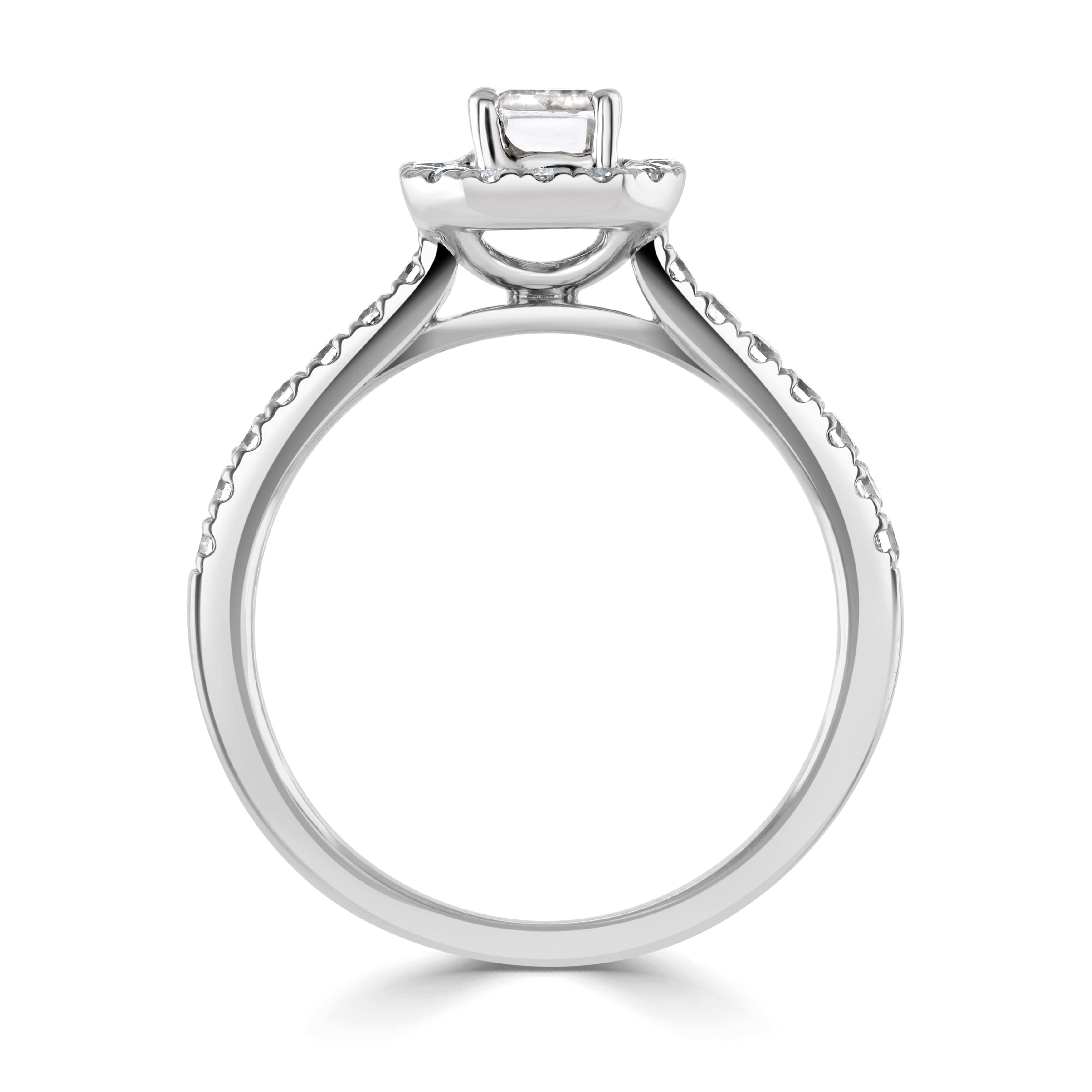 18CT White Gold Emerald Cut Diamond Halo Ring with Diamond Shoulders - Robert Anthony Jewellers, Edinburgh