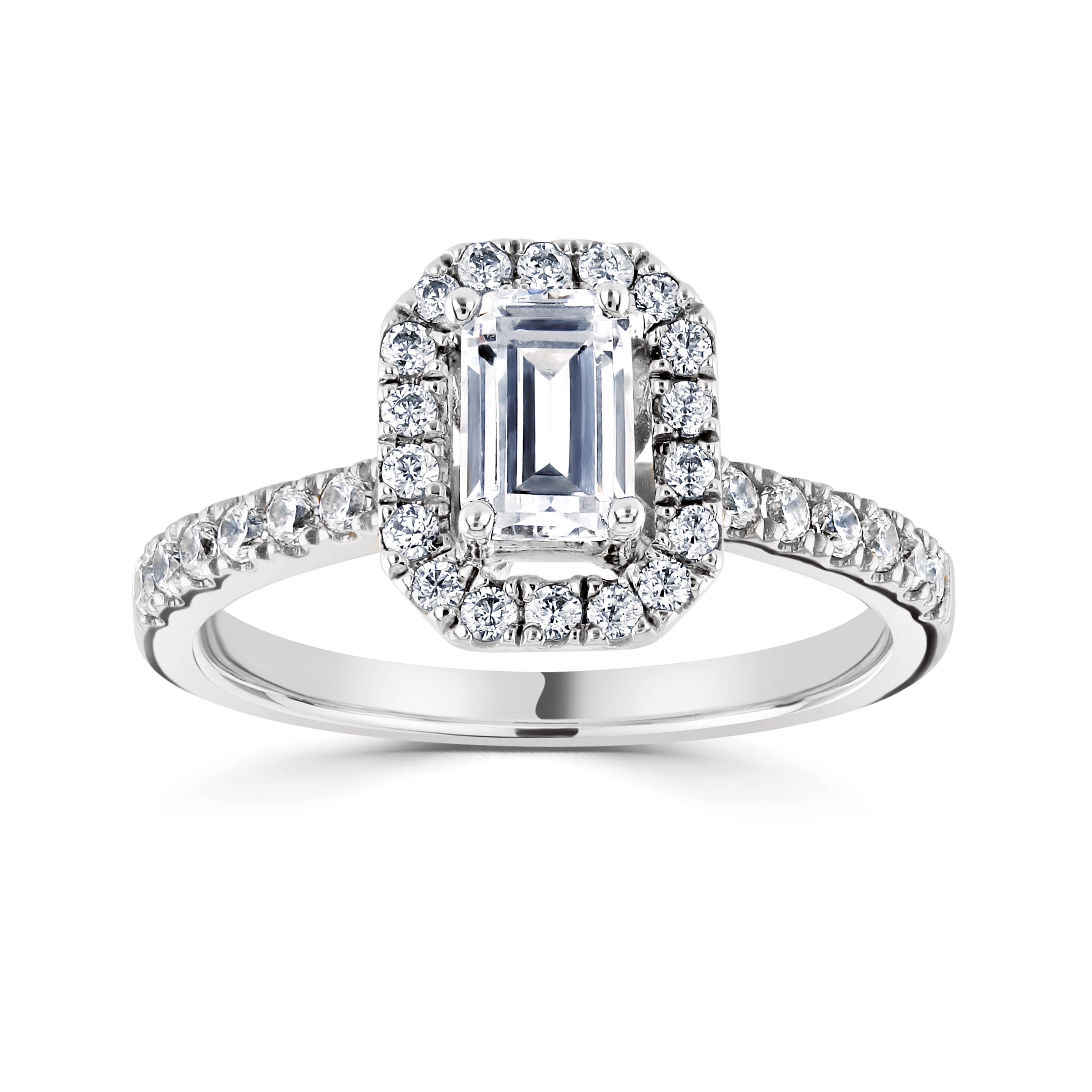 18CT White Gold Emerald Cut Diamond Halo Ring with Diamond Shoulders - Robert Anthony Jewellers, Edinburgh