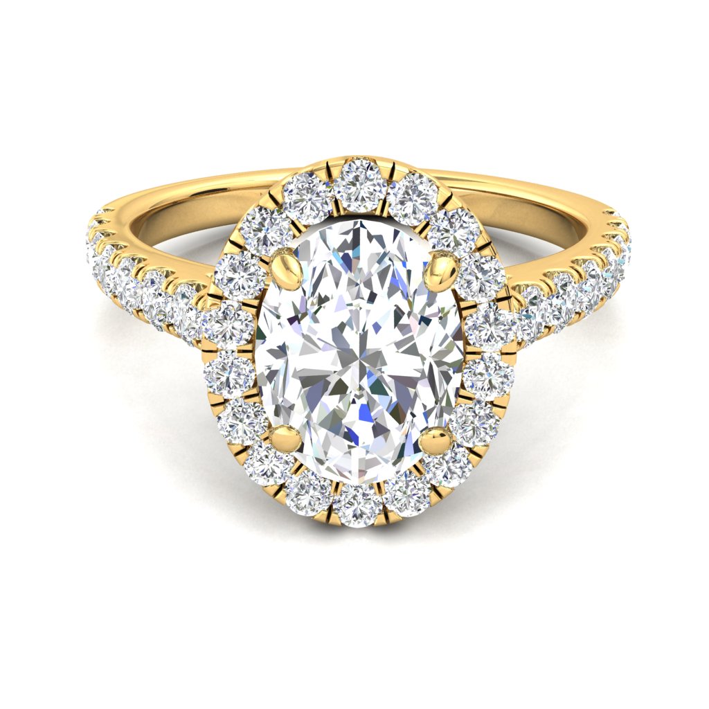 18CT Gold Oval Diamond Halo Ring with Diamond Set Shoulders - Robert Anthony Jewellers, Edinburgh