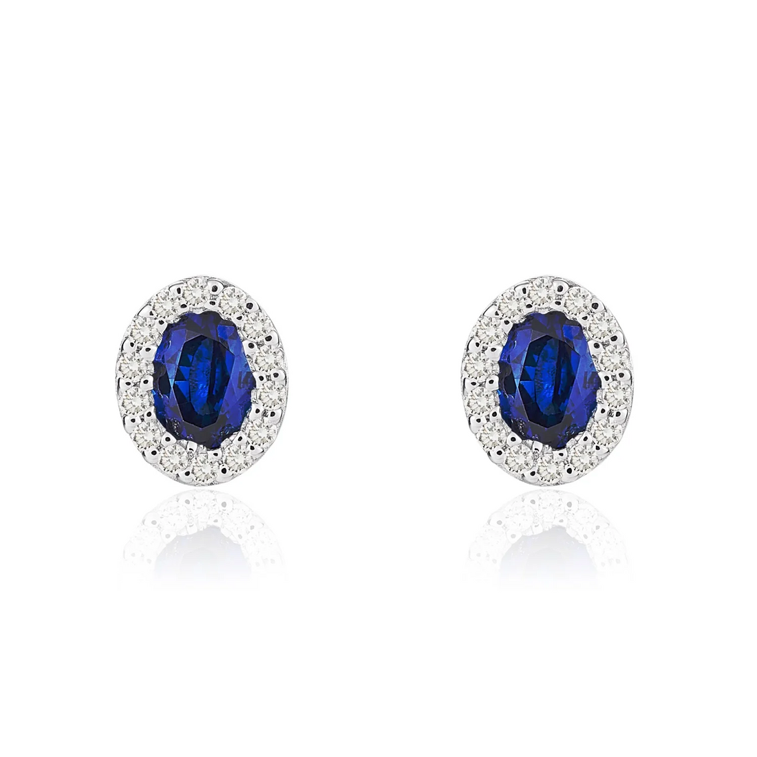 18CT White Gold Oval Sapphire &amp; Diamond Cluster Earrings (4x3mm)