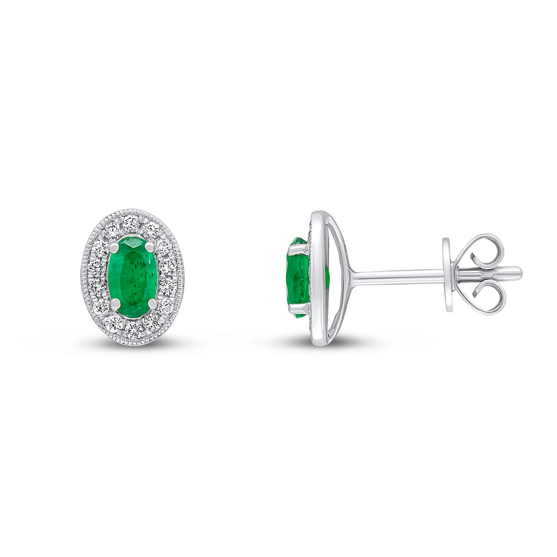 18CT White Gold Oval Emerald &amp; Diamond Claw Set Cluster Earrings (5x3mm) - Robert Anthony Jewellers, Edinburgh