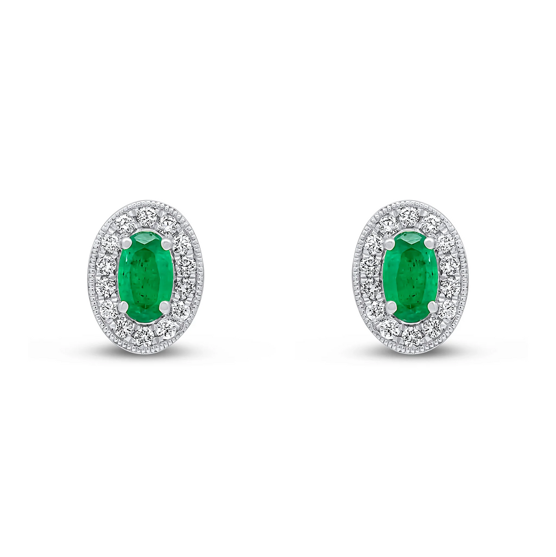 18CT White Gold Oval Emerald & Diamond Claw Set Cluster Earrings (5x3mm) - Robert Anthony Jewellers, Edinburgh