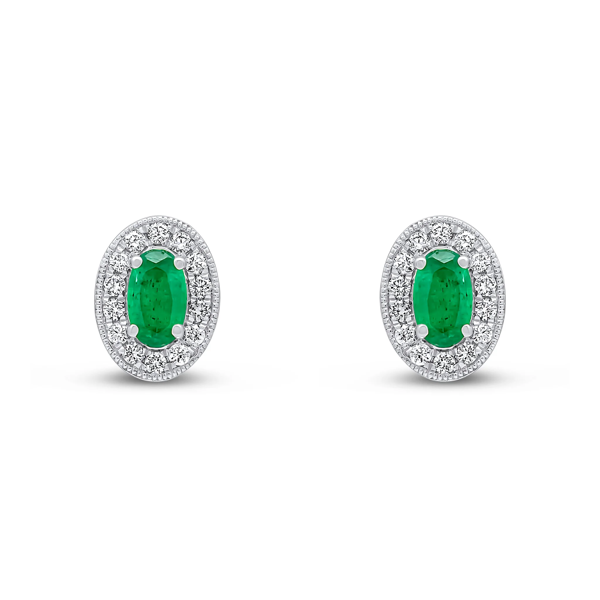 18CT White Gold Oval Emerald &amp; Diamond Claw Set Cluster Earrings (5x3mm) - Robert Anthony Jewellers, Edinburgh