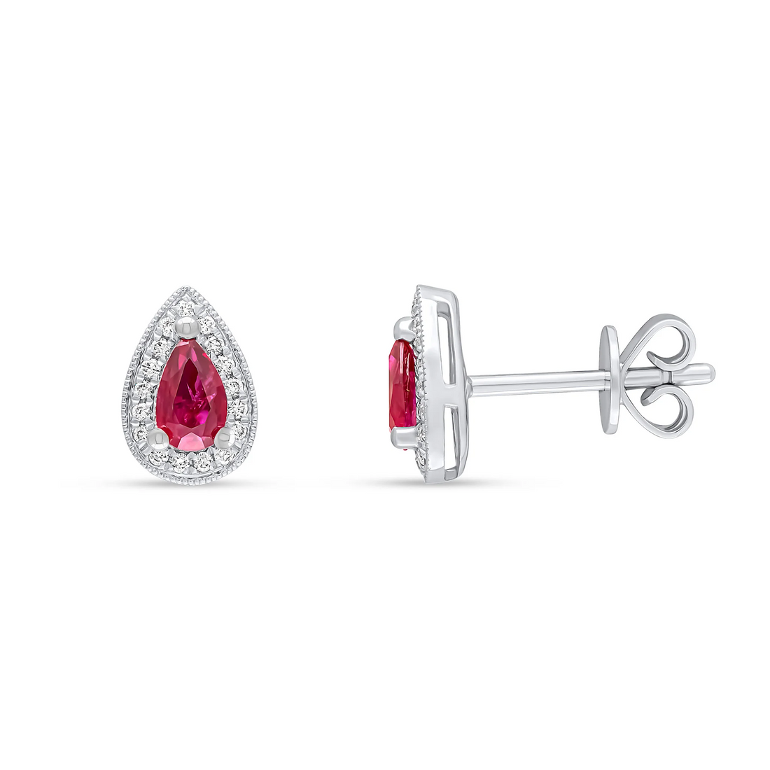 18CT White Gold Claw Set Pear Shaped Ruby & Millegrain Diamond Cluster Earrings (5x3mm) - Robert Anthony Jewellers, Edinburgh