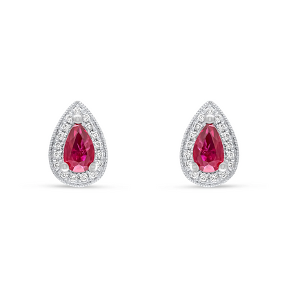 18CT White Gold Claw Set Pear Shaped Ruby &amp; Millegrain Diamond Cluster Earrings (5x3mm)