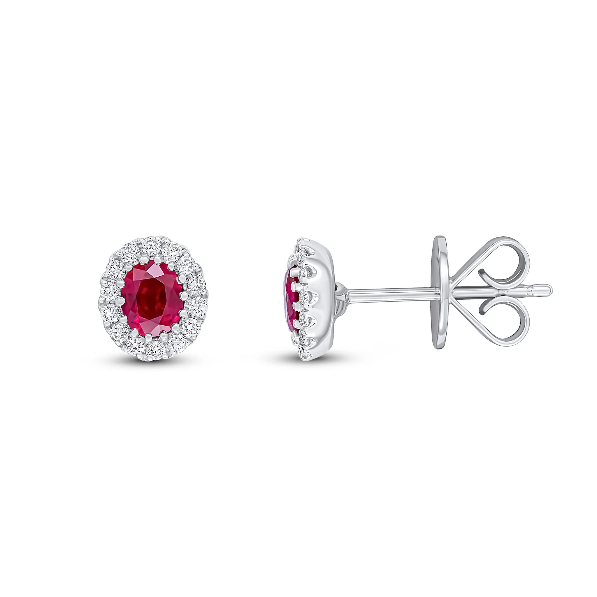 18CT White Gold Oval Ruby &amp; Diamond Cluster Earrings (4.5x3.5mm)