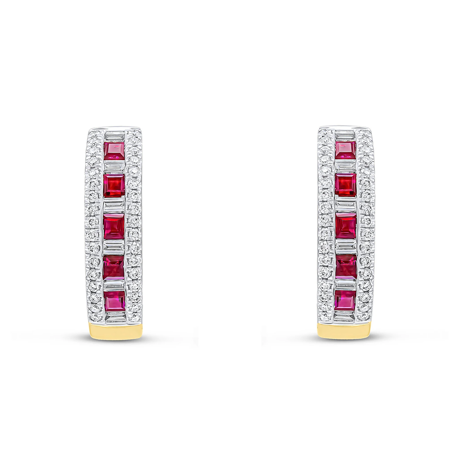 18CT Gold Square Ruby Baguette &amp; Round Diamond Oval Hoop Earrings - Robert Anthony Jewellers, Edinburgh