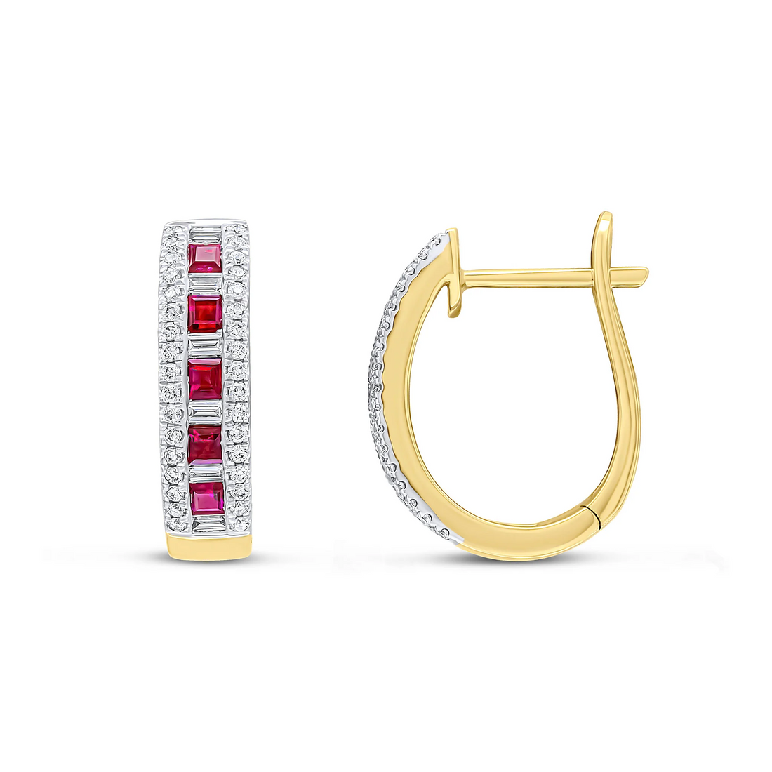 18CT Gold Square Ruby Baguette &amp; Round Diamond Oval Hoop Earrings - Robert Anthony Jewellers, Edinburgh