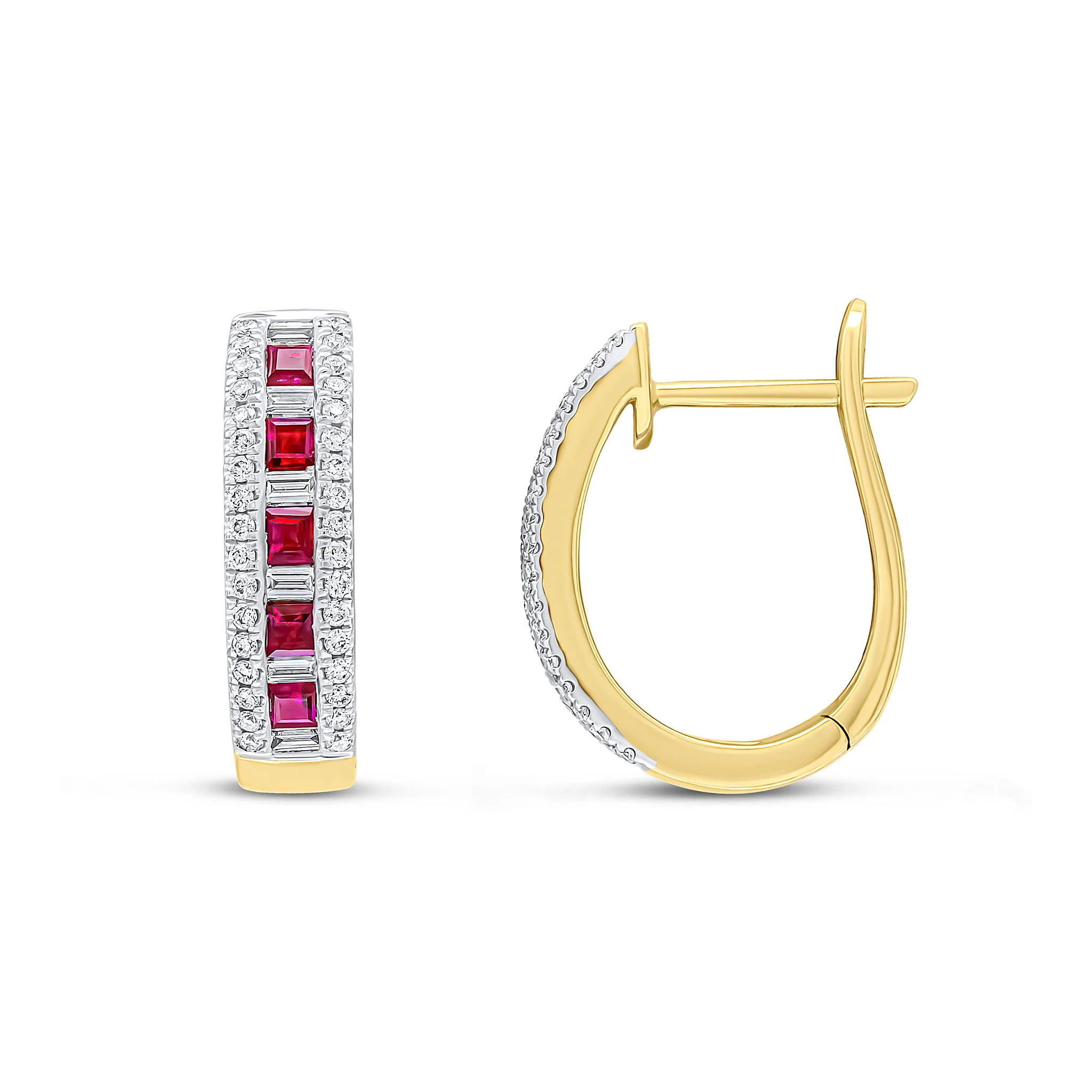 18CT Gold Square Ruby Baguette &amp; Round Diamond Oval Hoop Earrings