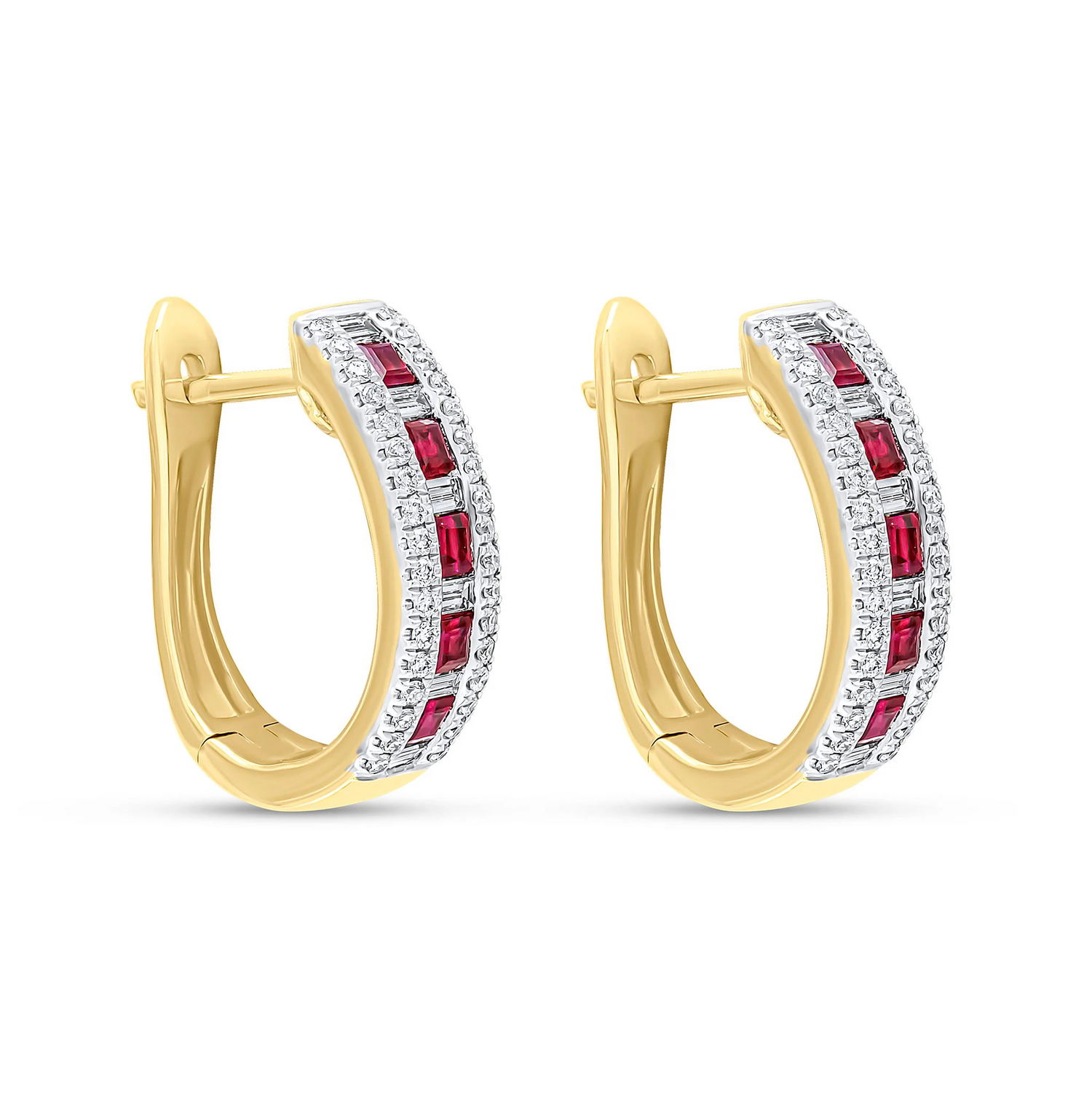 18CT Gold Square Ruby Baguette &amp; Round Diamond Oval Hoop Earrings - Robert Anthony Jewellers, Edinburgh