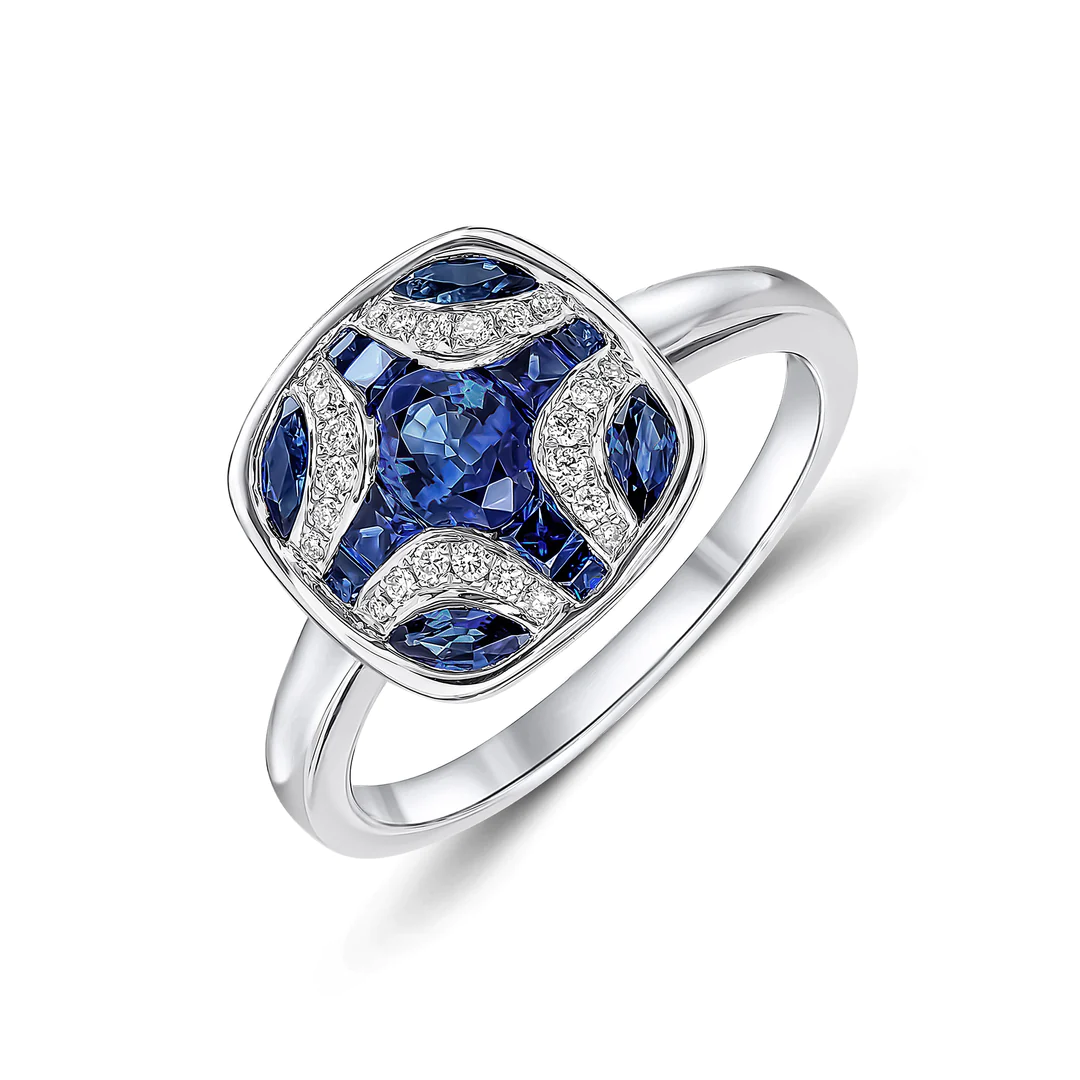 18CT White Gold Sapphire &amp; Diamond Shield Ring - Robert Anthony Jewellers, Edinburgh