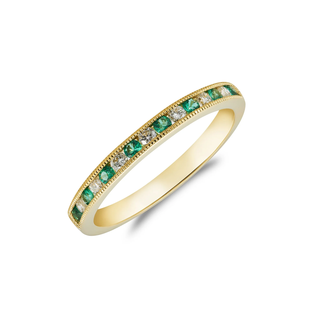 18CT Yellow Gold Round Emerald &amp; Diamond Half Eternity Ring