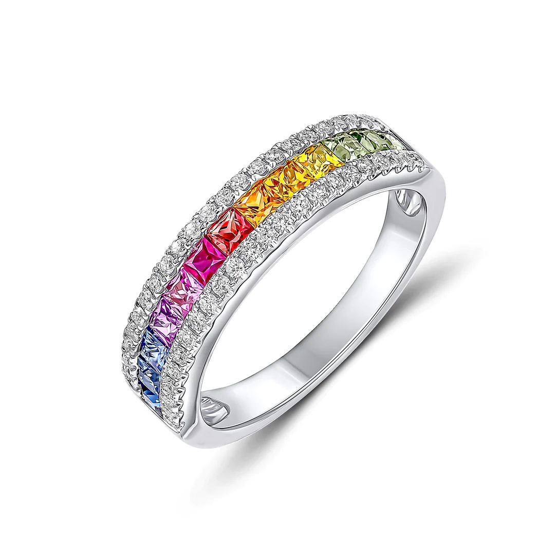 18ct White Gold Square Multi Sapphire &amp; Diamond Rainbow Half Eternity Ring