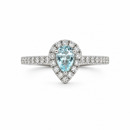 18ct Aqua &amp; Diamond Teardrop Halo Ring