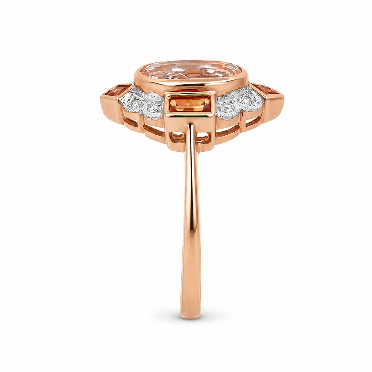 9ct Rose Gold Vintage-Style Morganite, Diamond &amp; Orange Sapphire Ring