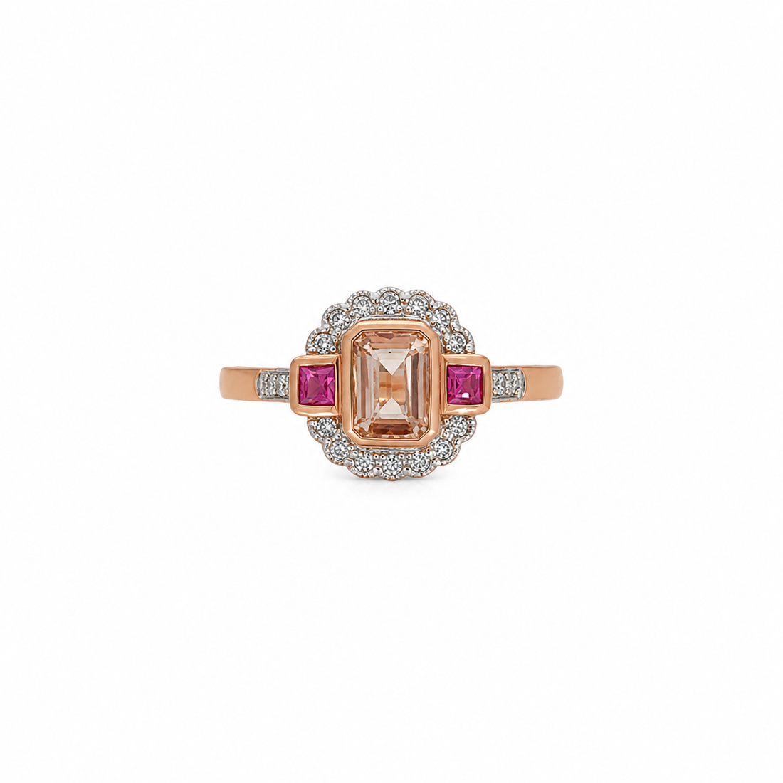 9ct Rose Gold Morganite, Ruby and Diamond Halo Ring
