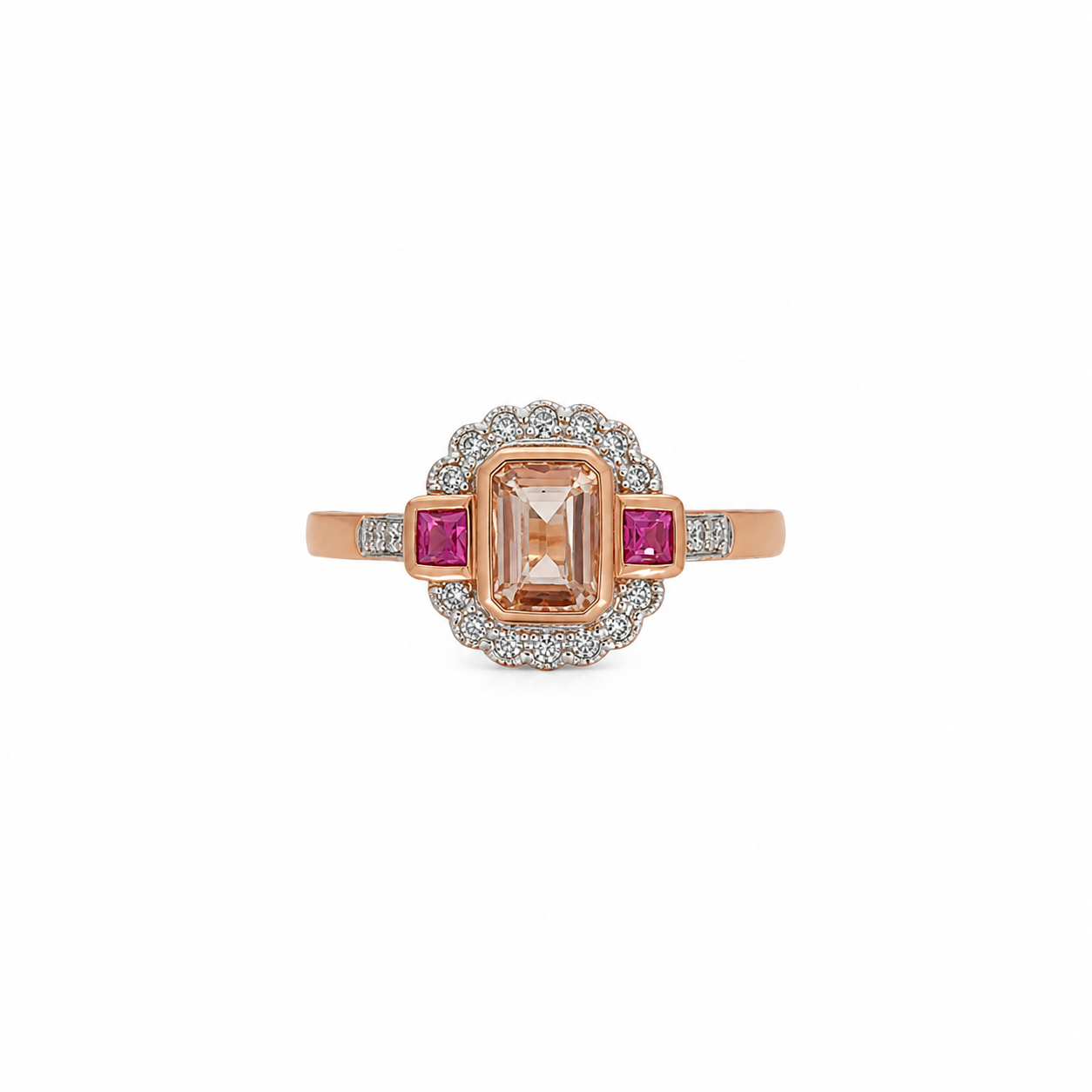 9ct Rose Gold Morganite, Ruby and Diamond Halo Ring