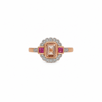 9ct Rose Gold Morganite, Ruby and Diamond Halo Ring
