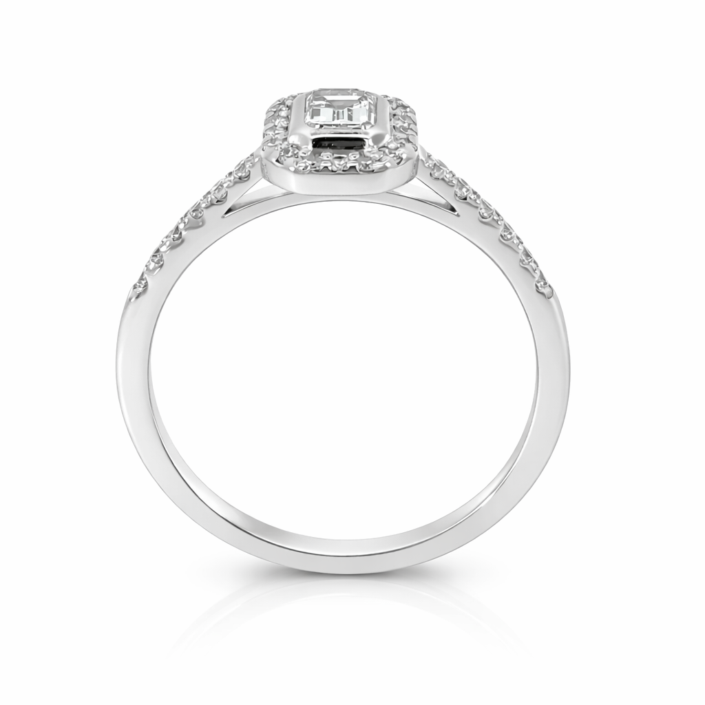 18ct White Gold Emerald Cut Diamond Halo Ring