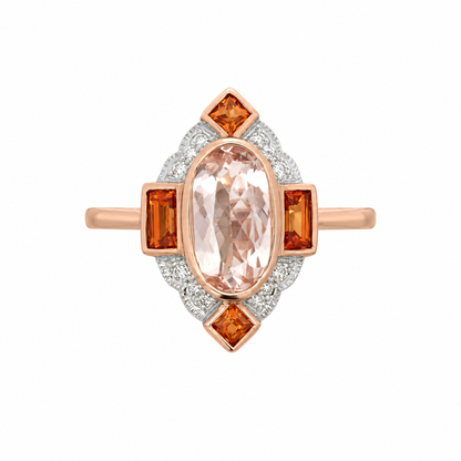 9ct Rose Gold Vintage-Style Morganite, Diamond &amp; Orange Sapphire Ring