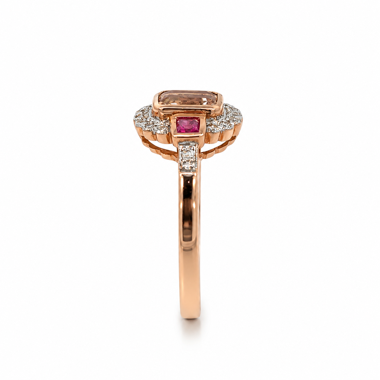 9ct Rose Gold Morganite, Ruby and Diamond Halo Ring