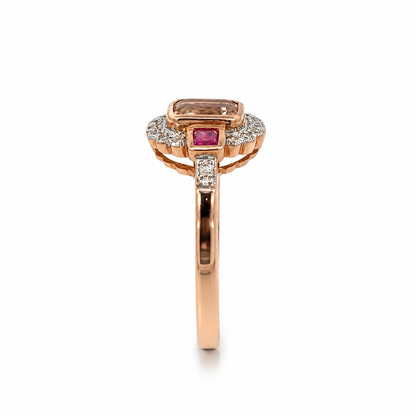 9ct Rose Gold Morganite, Ruby and Diamond Halo Ring