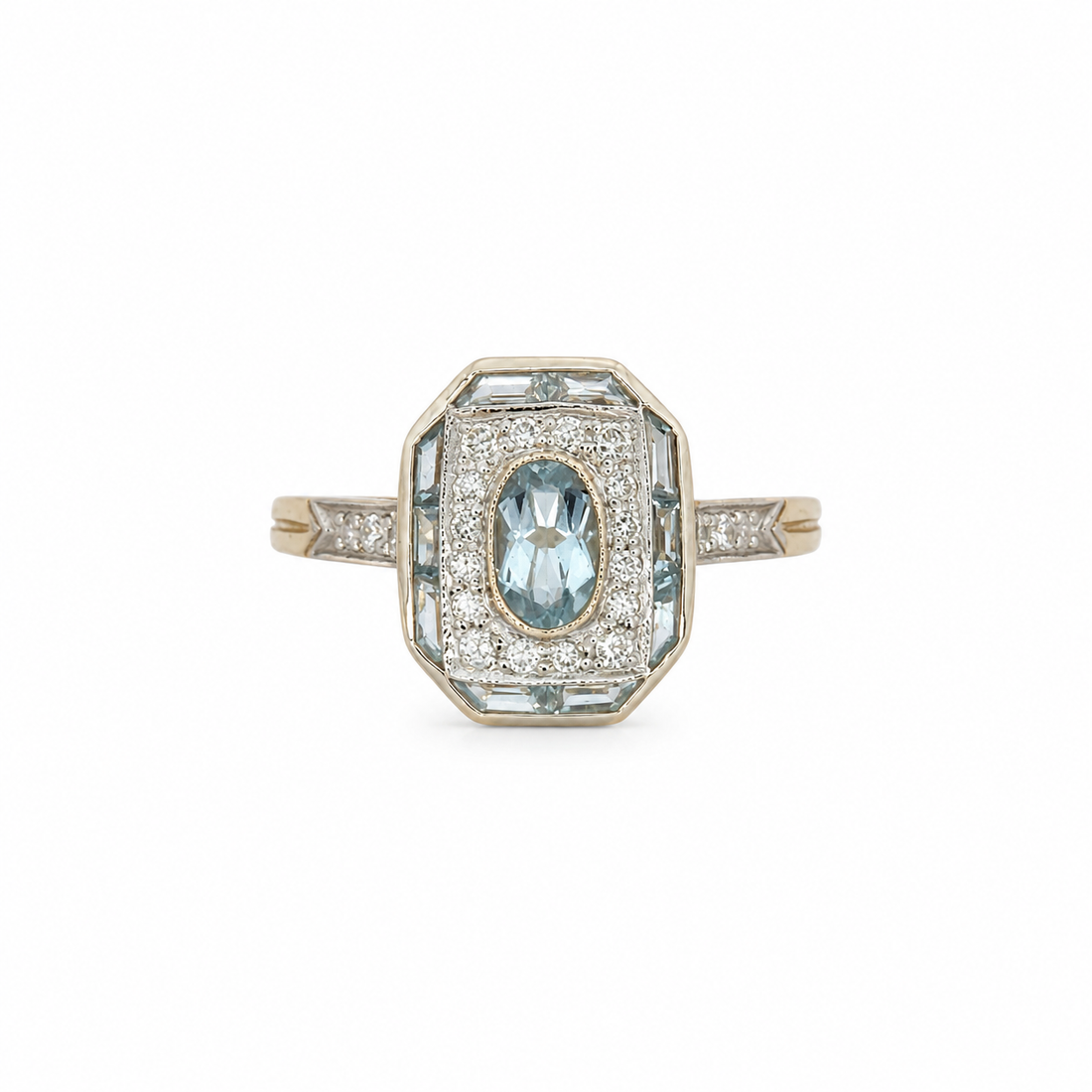 Vintage Style 9ct Gold Aquamarine & Diamond Halo Ring