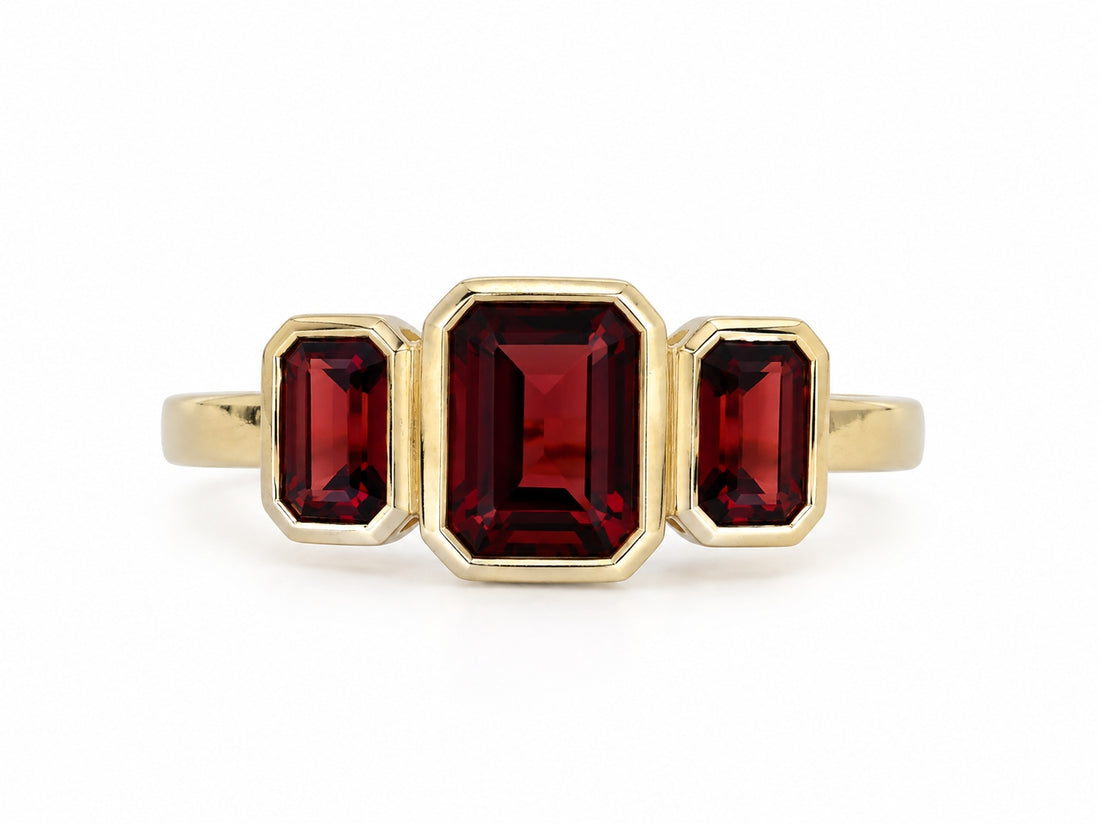 9ct Yellow Gold Octagon Garnet Rubover Set Three Stone Ring