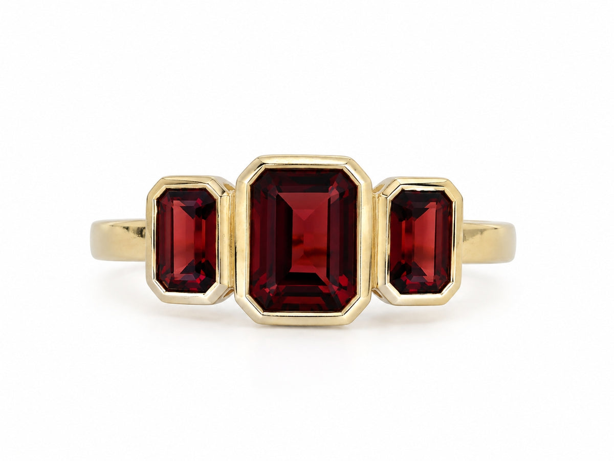 9ct Yellow Gold Octagon Garnet Rubover Set Three Stone Ring