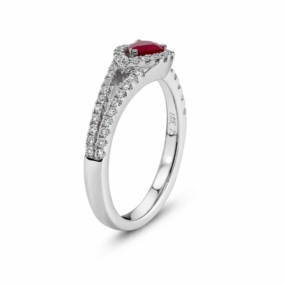 Elegant Ruby &amp; Diamond Pear Halo Ring – 18ct Gold