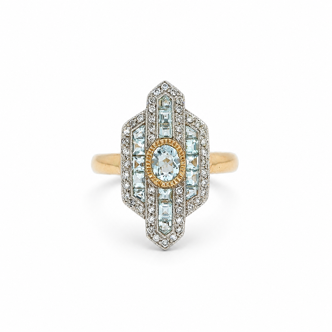 9ct Gold Art Deco Aquamarine &amp; Diamond Ring